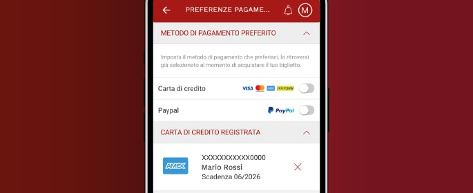 metodo di pagamento predefinito. Carta di credito registrata