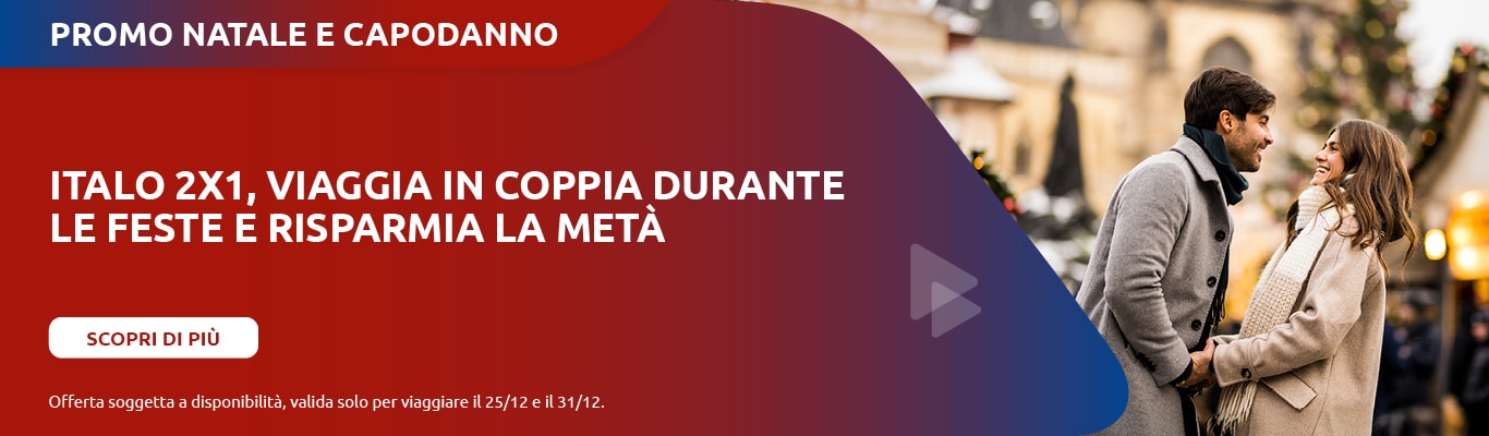 Italo 2x1, Viaggia in coppia durante le feste e risparmia la metà. Scopri di più.