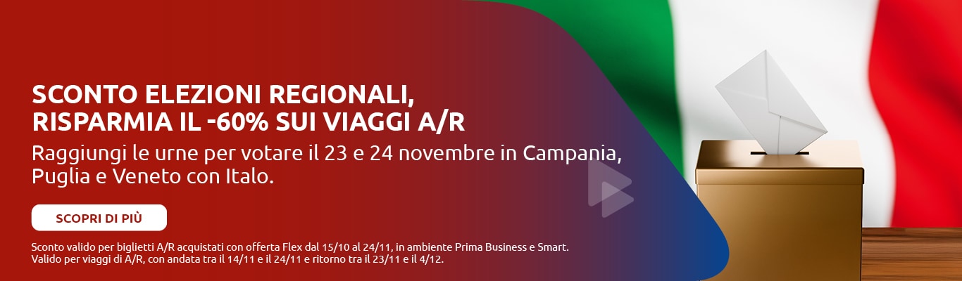 Sconto elezioni regionali, risparmia il -60% sui viaggi A/R. Raggiungi le urne per votare il 23 e 24 novembre in Campania, Puglia e Veneto con italo. Sconto valido per biglietti A/R acquistati con offerta Flex dal 15/10 al 24/11, in Prima Business e Smart. Valido per viaggi di A/R, con andata tra il 14/11 e il 24/11 e ritorno tra il 23/11 e il 4/12.