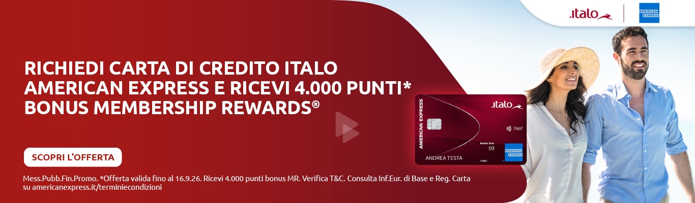 Richiedi carta di credito Italo American Express e ricevi 4.000 punti bonus Membership Rewards ®. Scopri l'offerta. Offerta valida fino al 16.06.26