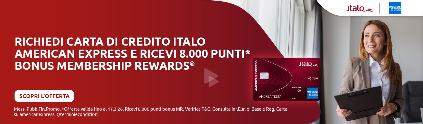 Richiedi carta di credito Italo American Express e ricevi 8.000 punti bonus membership rewards. Scopri l'offerta