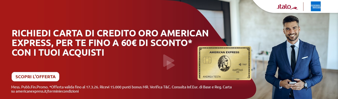 Richiedi carta di credito oro American Express, per te fino a 60€ di sconto con i tuoi acquisti. Scopri l'offerta