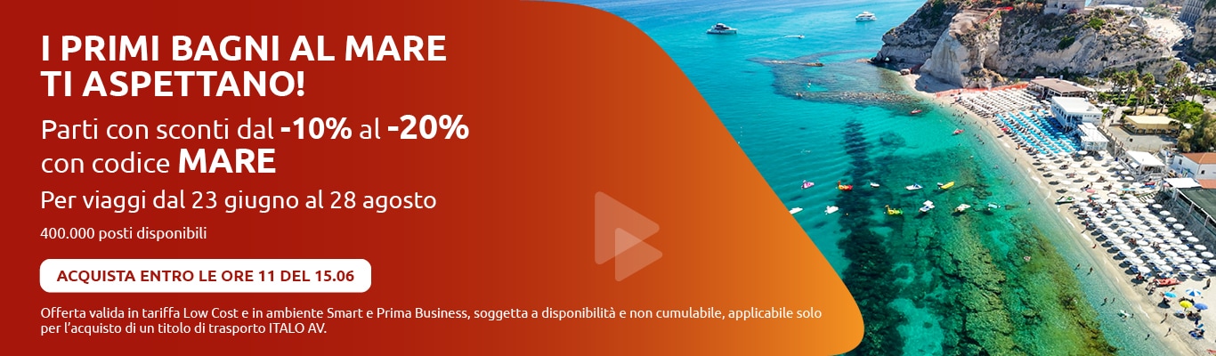 I primi bagni al mare ti aspettano! Parti con sconti dal -10% al -20% con codice MARE. Per viaggi dal 23 giugno al 28 agosto. Acquista entro le ore 11 del 15.06