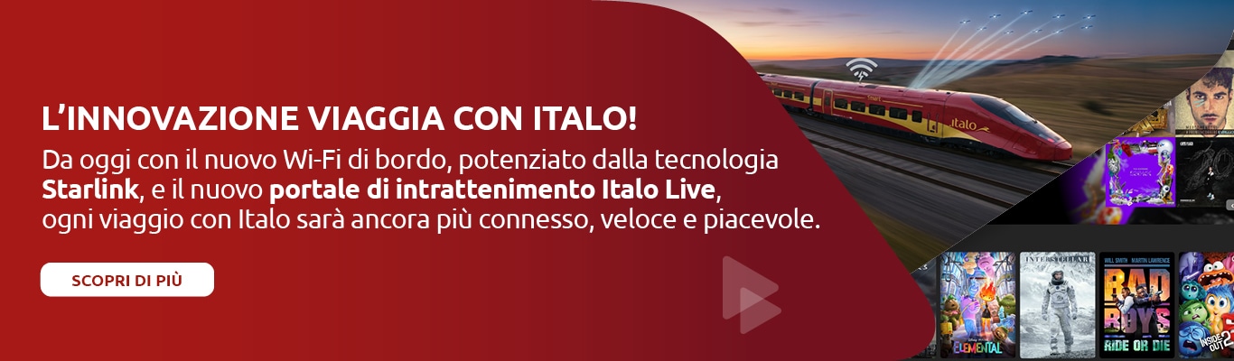 L'innovazione viaggia con Italo! Da oggi con il nuovo Wi-Fi di bordo, potenziato dalla tecnologia Starlink, e il nuovo portale di intrattenimento Italo Live, ogni viaggio con Italo sarà ancora più connesso, veloce e piacevole