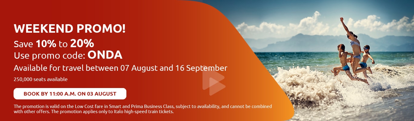 Weekend promo! Save 10% to 20%. Use promo code: ONDA. Available for travel between 07 August and 16 September. Book by 11:00 A.M. on 03 august