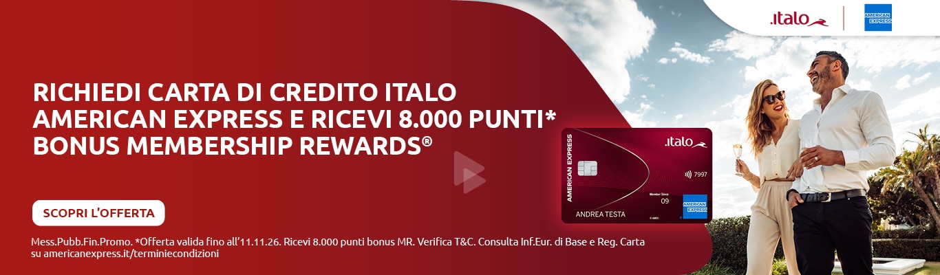 Richiedi carta di credito Italo American Express e ricevi 8.000 punti* bonus membership rewards®. Scopri l'offerta. Offerta valida fino all'11.11.26. Ricevi 8.000 punti bonus MR. Verifica T&C. Consulta Inf.Eur. di Base e Reg. Carta su americanexpress.it/terminiecondizioni