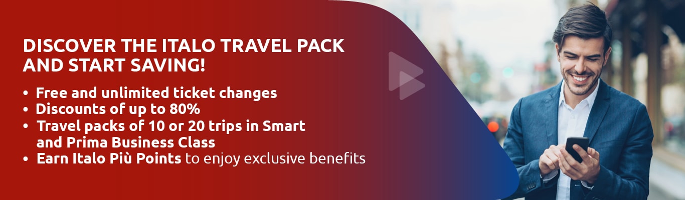 Discover the Italo Travel Pack and start saving! Free and unlimited ticket changes; discounts of up to 80%; travel packs of 10 or 20 trips in Smart and Prima Business Class; earn Italo Più Points to enjoy exclusive benefits,
