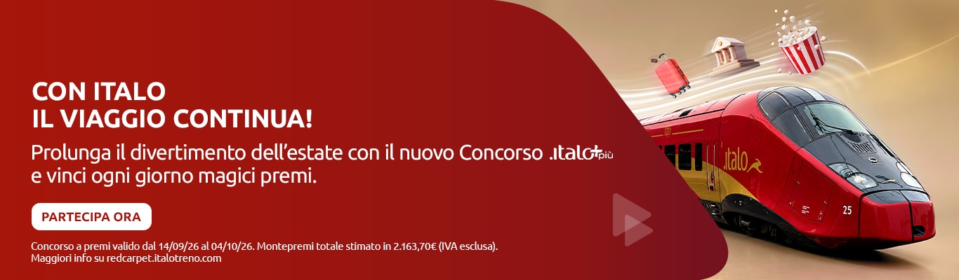 Con Italo il viaggio continua! Prolunga il divertimento dell'estate con il nuovo Concorso Italo Più e vinci ogni giorno magici premi. Partecipa ora
